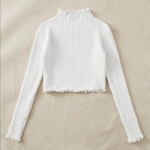 Ribbed Lettuce-Edge Mock Neck Cropped Sweater